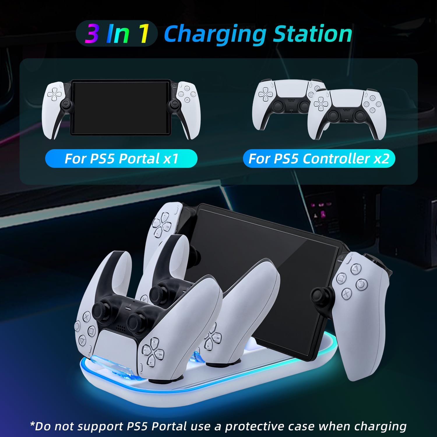 Mcbazel Stazione di Ricarica, Caricatore per PS Portal Remote Player/PS5 Controller con Illuminazione RGB