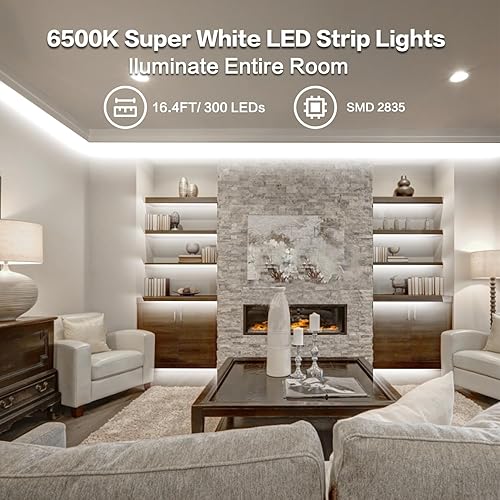 Miniatura 2 de Tira de luces LED blancas con sincronización de música de 16.4 pies, 6500 K, tira de luz LED súper brillante, luz diurna blanca, 300 LED, luces LED
