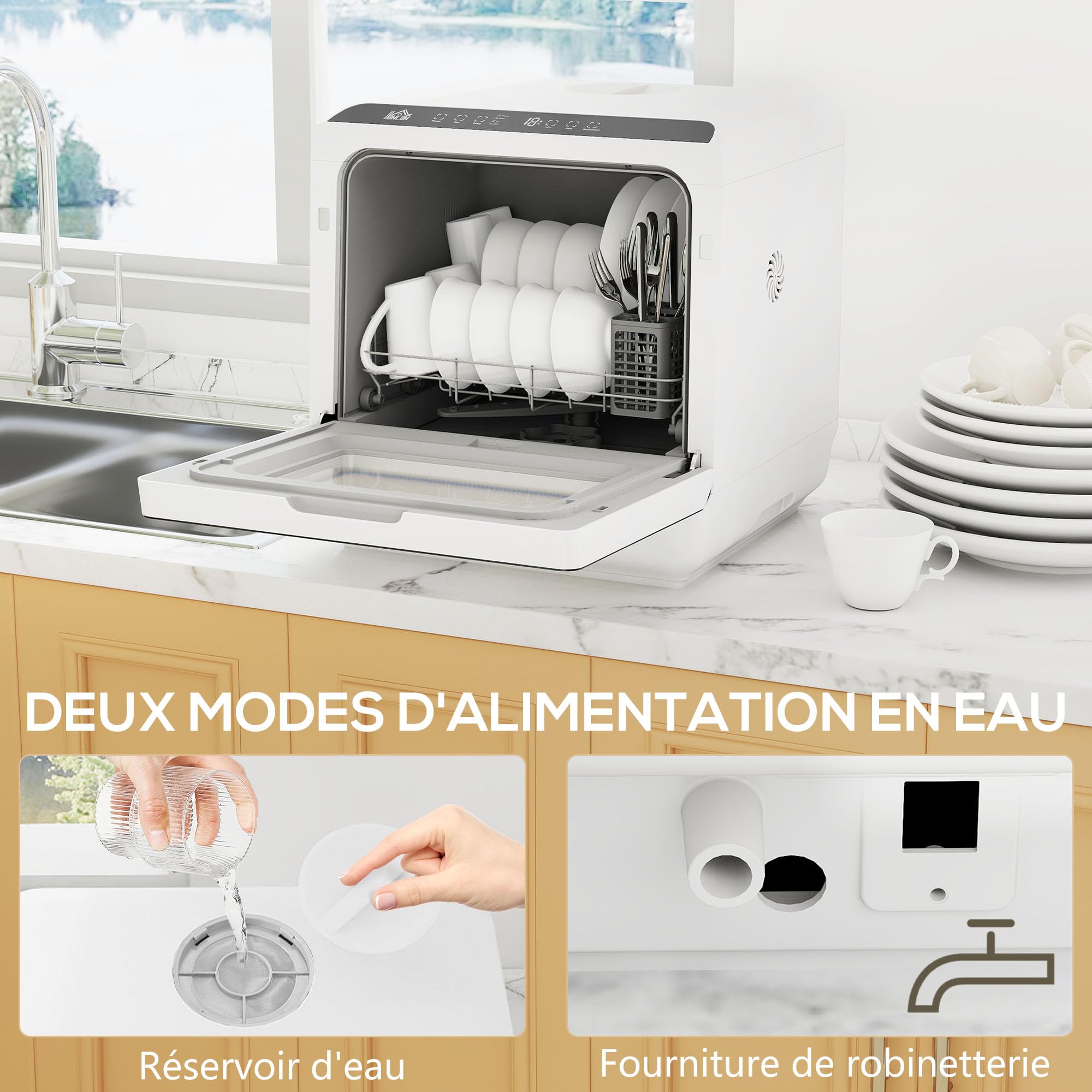 HOMCOM Mini lave-vaisselle compact 4 couverts, lave-vaisselle de table avec 6 programmes, réservoir 6L, écran LED, double alimentation en eau, commande tactile, départ différé et séchage à l'air blanc