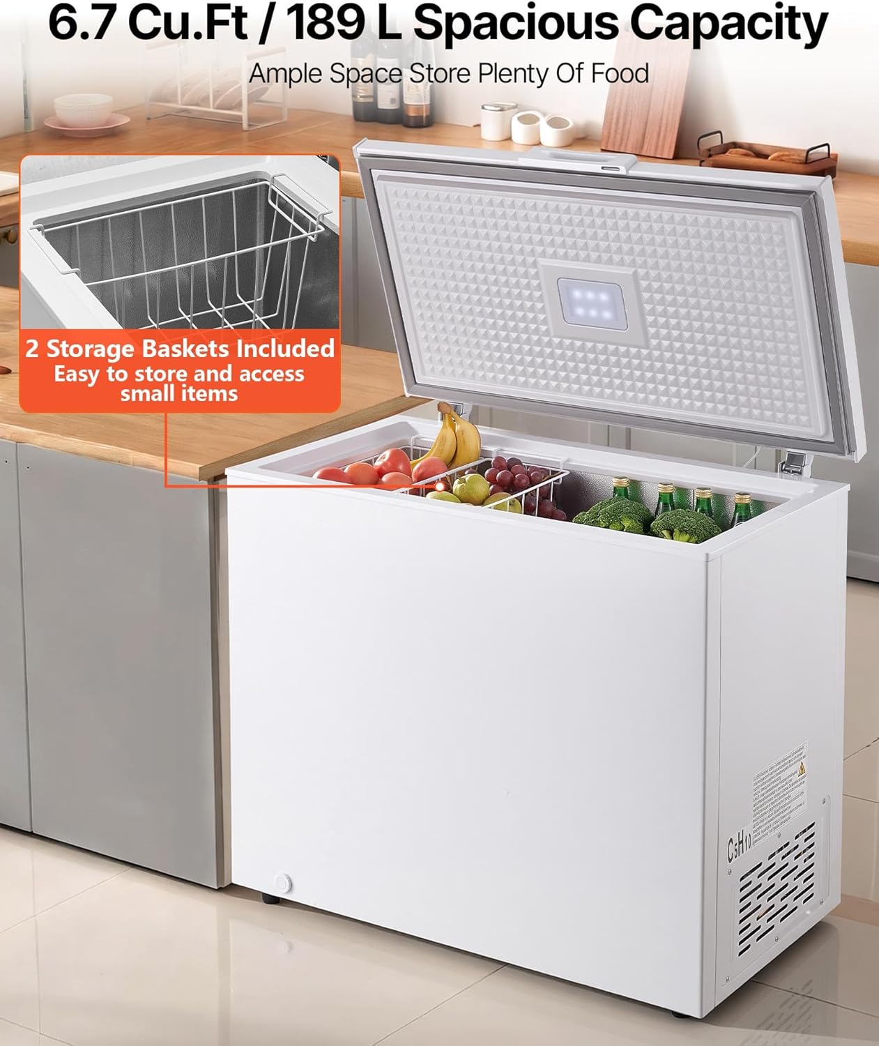 VEVOR Chest Freezer, 6.7 Cu.ft Compact Deep Freezer, Free Standing Top Open Door Chest Freezers with 2 Removable Baskets & Adjustable Thermostat - Energy Saving, Low Noise & Garage Ready, White