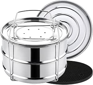 Aozita Stackable Steamer Insert Pans with Sling for Instant Pot Accessories 6/8 qt - Pot in Pot, Baking, Casseroles, Lasagna Pans, Food Steamer for Pressure Cooker, Upgrade Interchangeable Lids