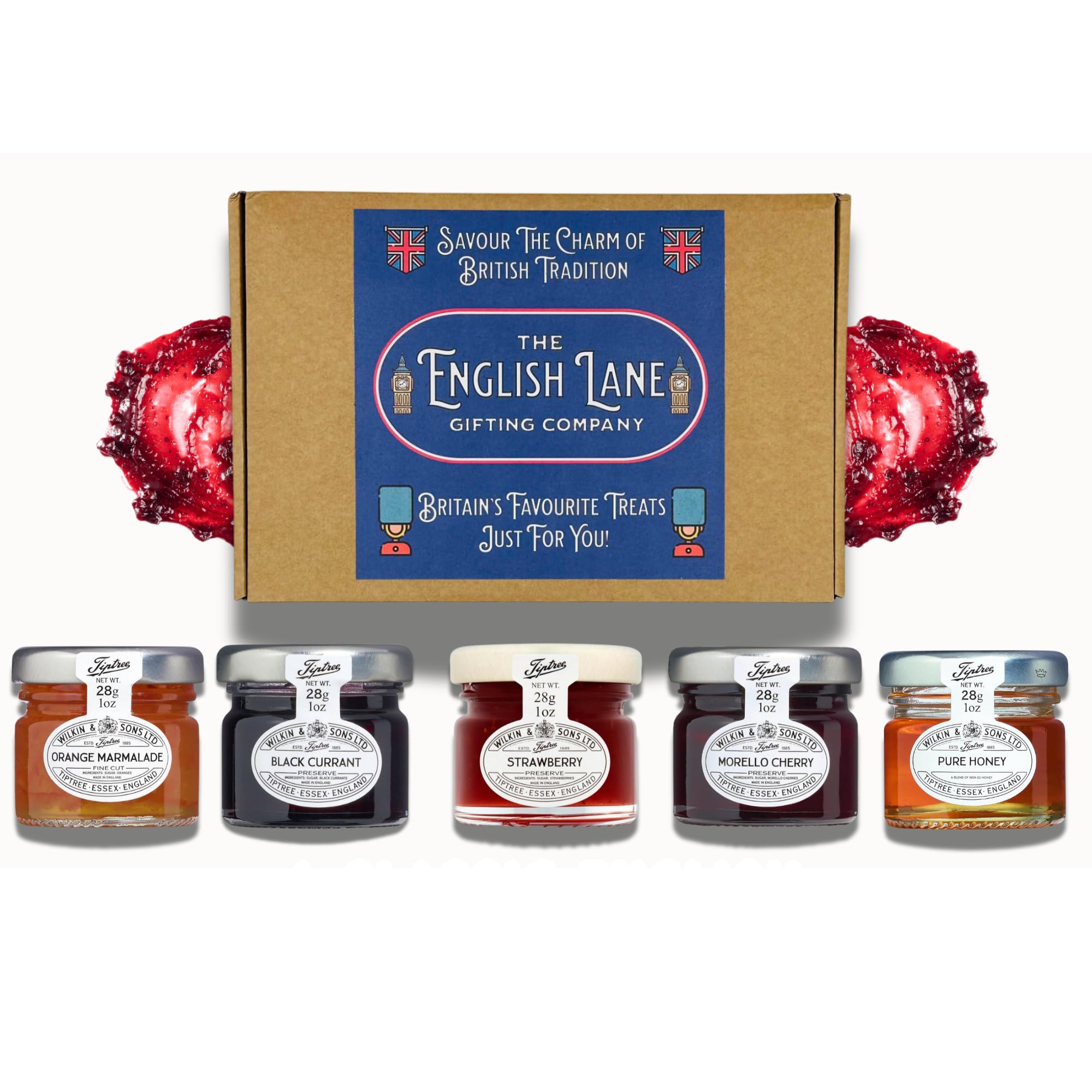 Breakfast Gift Hamper – Assortment of Strawberry Jam, Blackcurrant & Morello Cherry Preserves, Pure Clear Honey, and Fine Cut Orange Marmalade – The Perfect Treat for Every Taste and Occasion