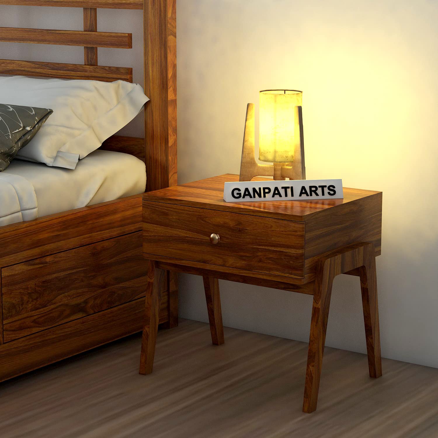 Ganpati Arts Solid Sheesham Wood Lyon Bedside Table with 1 Drawer Storage for Bedroom Home Wooden Sofa Side End Tables Night Stand Bed Room Furniture - (Matte Finish) 1 Year Warranty