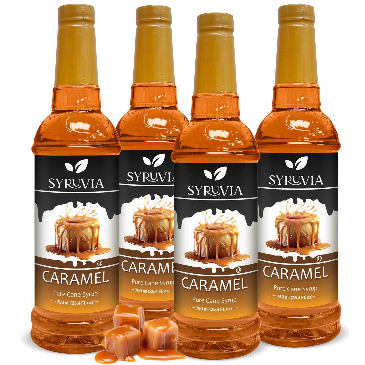 Syruvia 4 Pack Caramel Syrup for Coffee – Rich Caramel Coffee Syrup Flavor, 25.4 fl oz, Kosher, Gluten Free, Ideal for Caramel-Infused Coffee & Drinks, Desserts, and More, No Coloring,