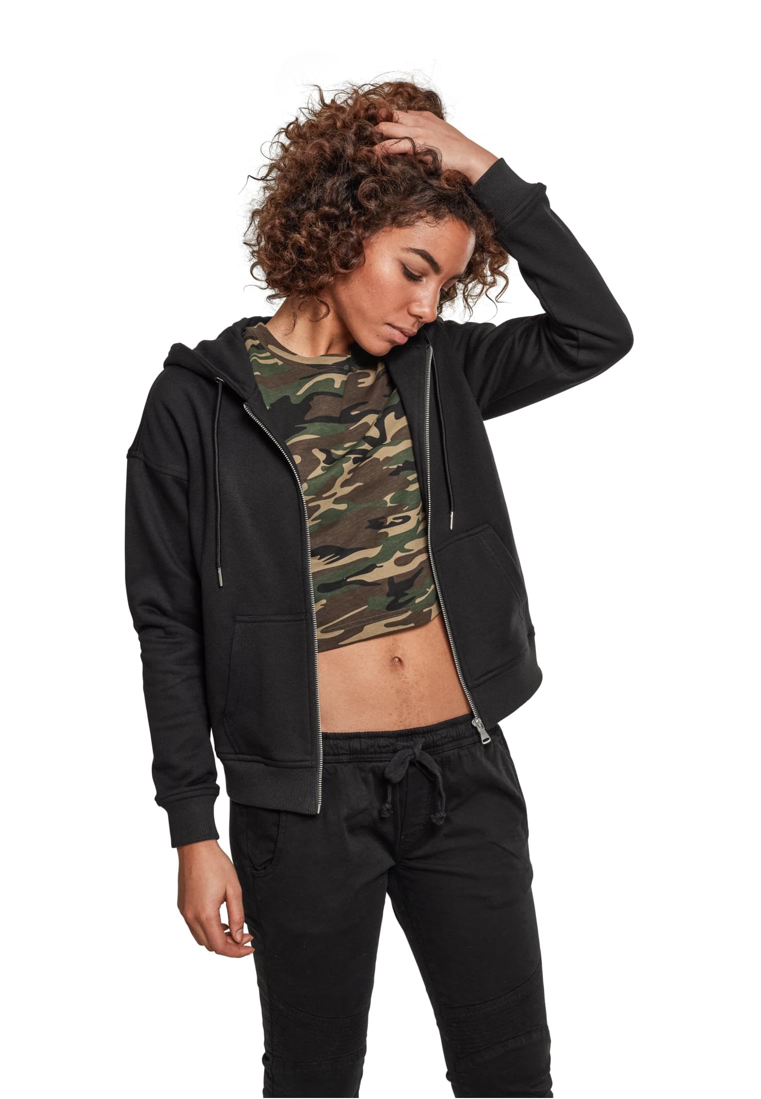 Urban Classics Women's Ladies Classic Zip Hoodie Cardigan Sweater, Black, S