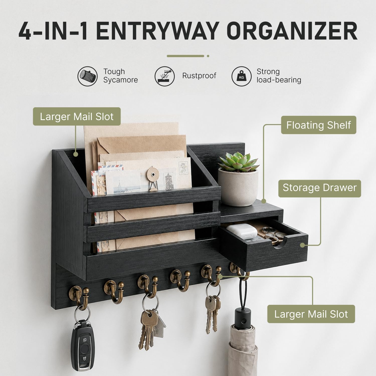 Key Holder Wall Mount - Drawer & 6 Hooks -6