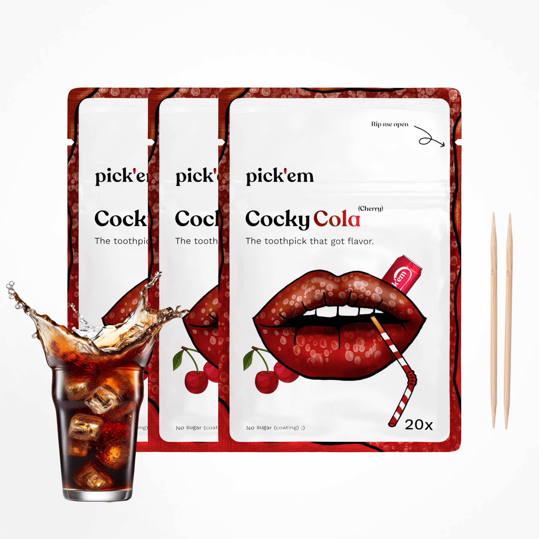 pick'em flavoured toothpicks Cocky Cola [TRIPLE PACK] - 60x flavoured toothpicks - the lifestyle alternative to chewing gum (cherry & cola flavour) - toothpicks with flavour - toothpicks wooden