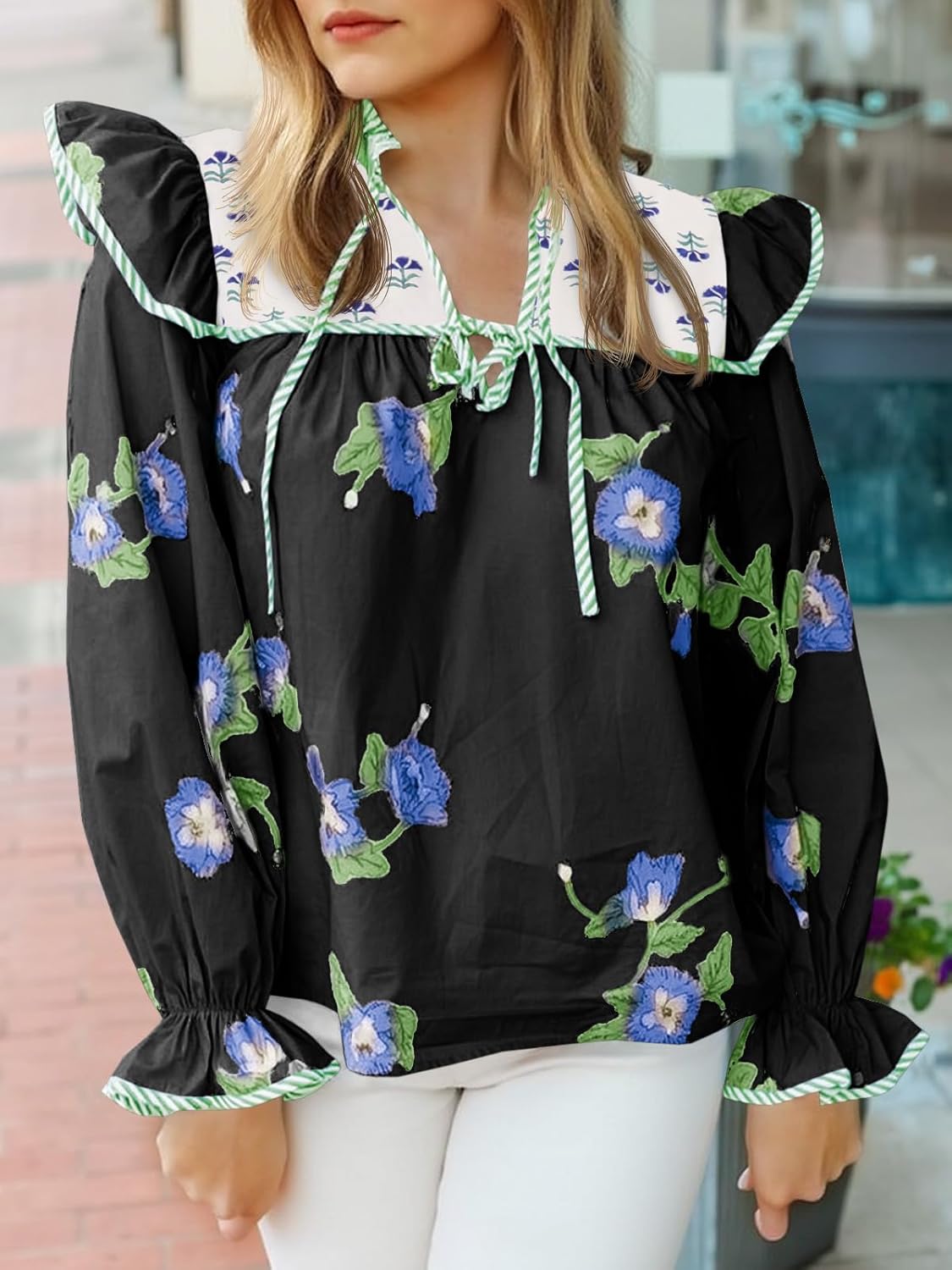 Tankaneo Womens Floral Print Babydoll Tops Casual Boho Blouse V Neck Ruffle Puff Sleeve Cute Shirts - Image 6