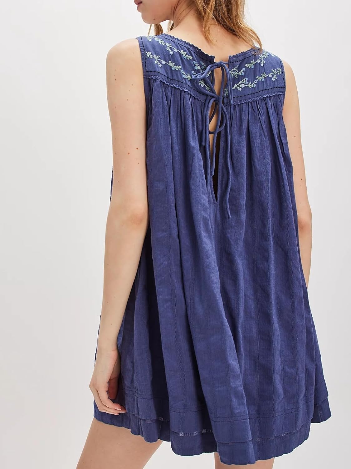 Women Boho Sundress Summer Casual Mini Dress Shift Tank Crew Neck Floral Sun Embroidered Flowy Vacation Dress Blue - Image 4