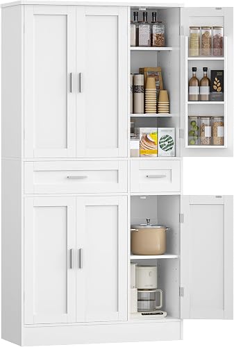Hzuaneri Alacena de Cocina, 180cm, 6 Puertas, 2 Cajón, 40x92x180cm, Blanco | Aparador Comedor, Estante de Almacenamiento Detrás de La Puerta, Armarios Altos de Cocina, Moderno, PT30003X