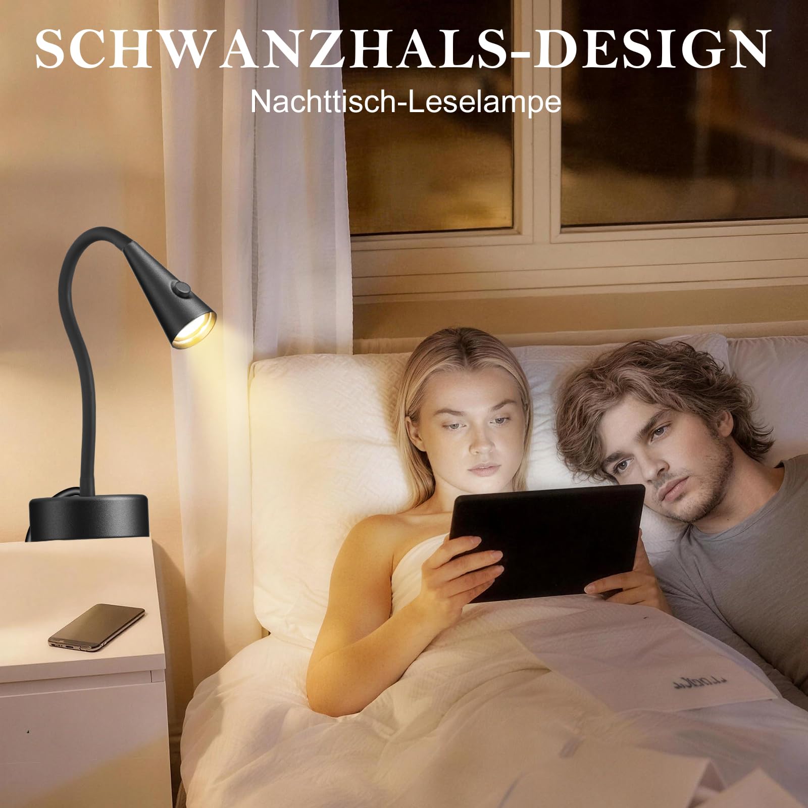 LED Leselampe Bett ohne Bohren, Einschub Wandleuchte für Kopfteil, Dimmbar & Farbtemperatur Einstellbar, Wandlampe mit 360° Schwanenhals, Flexible Nachttischlampe Schwarz mit Schalter