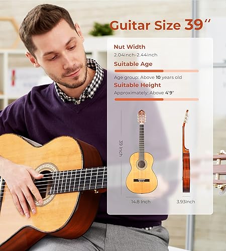 Miniatura 7 de Vangoa - Guitarra clásica de tamaño completo 44 estilo español, guitarra de cuerdas de nailon de 39 pulgadas, ideal para adultos principiantes,