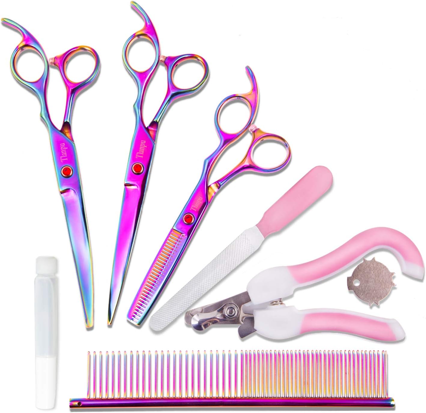 Tlanpu Pet Grooming Scissors Kit,Professional 7.5 Inch Colorful Stainless Premium Scissors for Dogs Cats,Electroplating Titanium, Sharp…