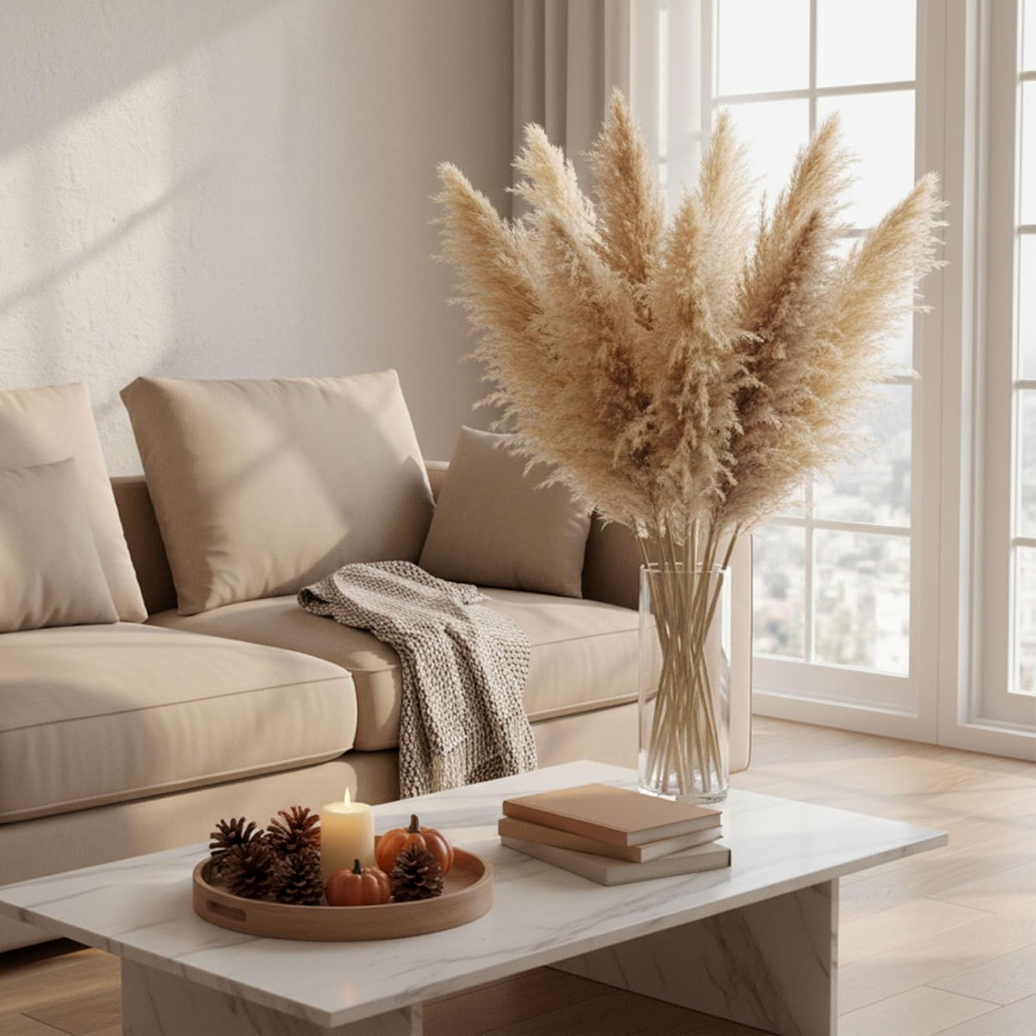 JOHOUSE 18 PCS Hanging Natural Pine Cones with String, 16PCS 40'' Dried Pampas Grass Home Decor, for Christmas Tree Ornaments Winter Vase Filler