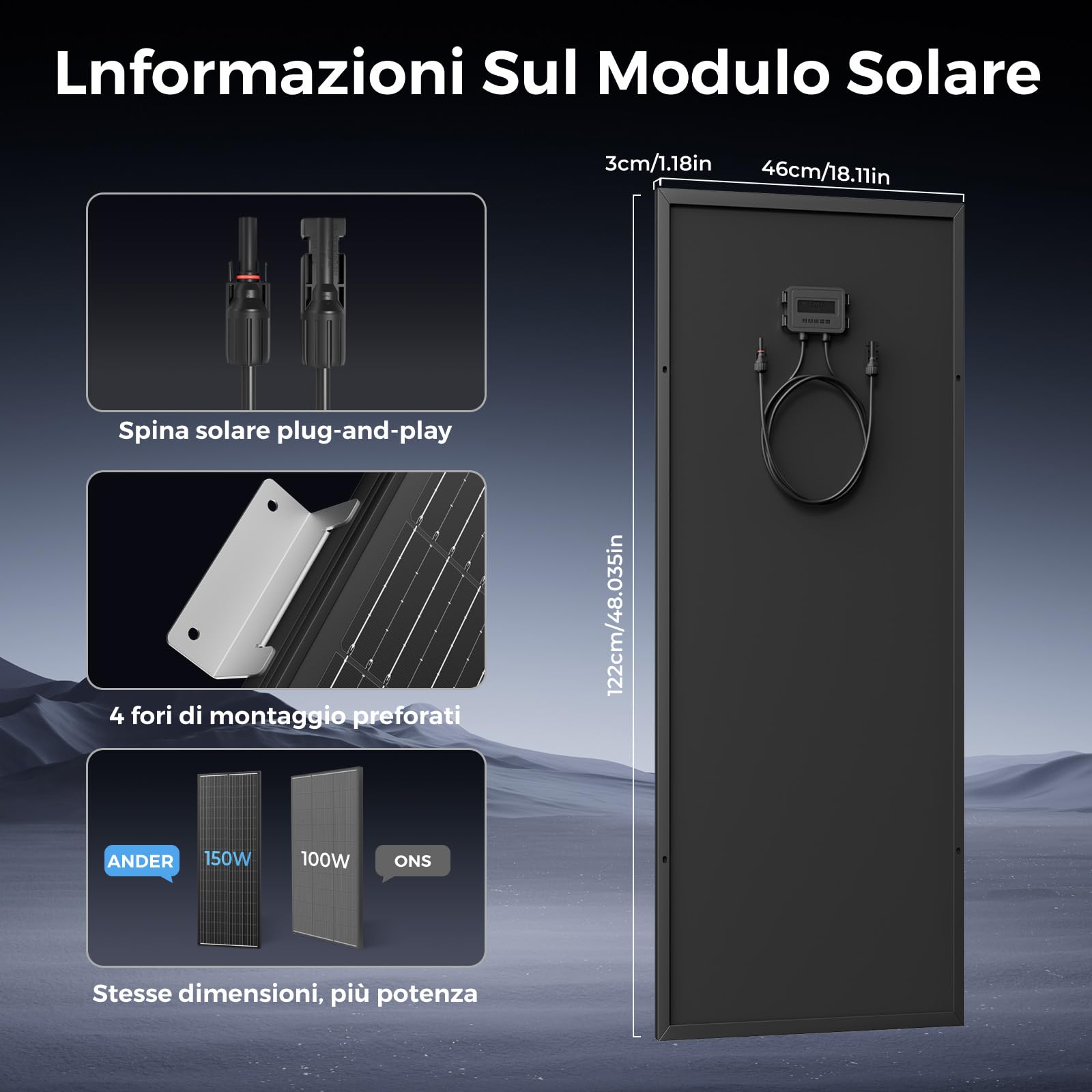 Pannello solare monocristallino da 150 W, 12 V, modulo solare da 150 W, ideale per caricare batterie da 12 V, per camper, giardino, camper, barca e tetto della casa (150W*2)