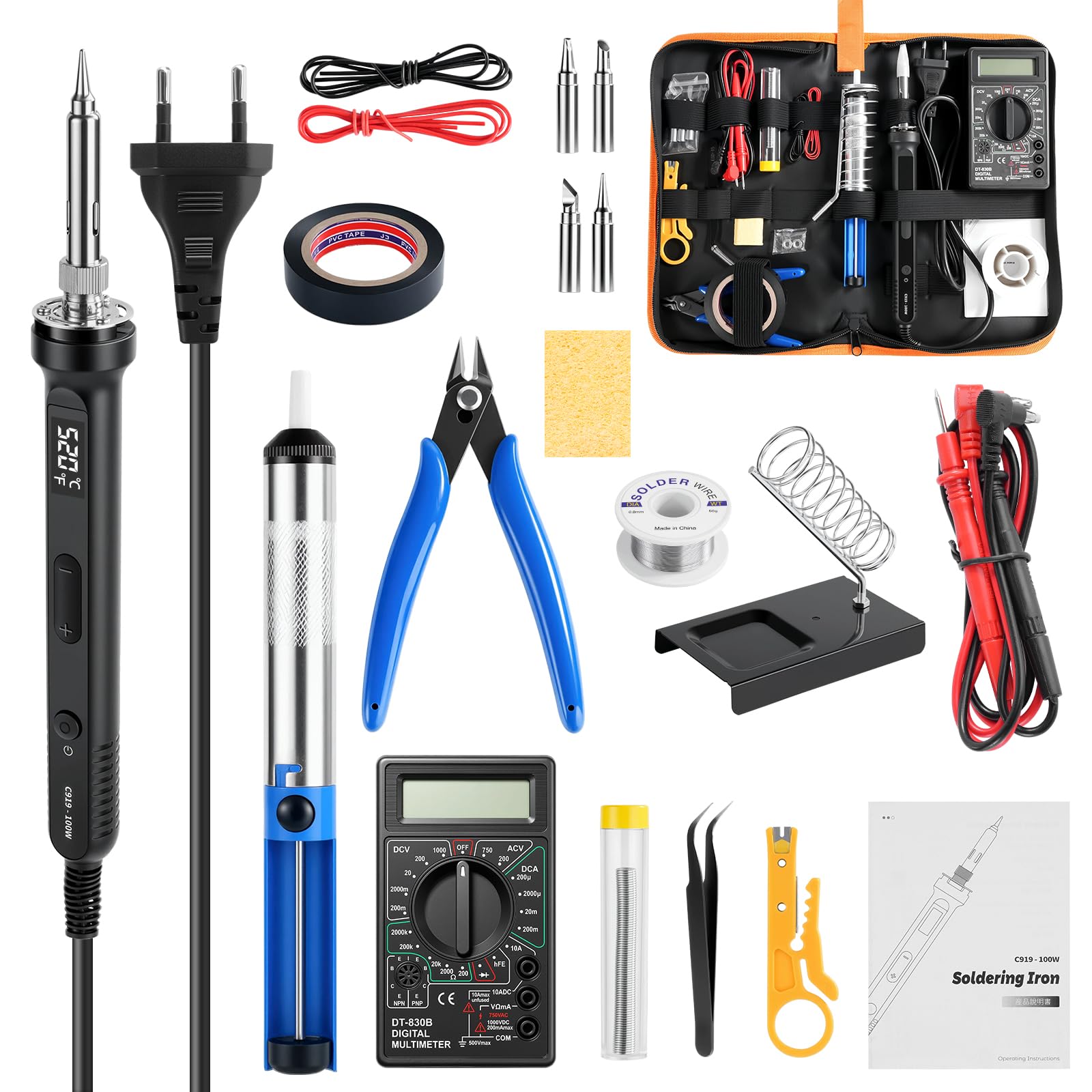 LCD Fer à Souder Kit 100W Température Réglable 180-520°C Electronique de Precision avec Multimètre Numérique/4 Pannes/Support pour Fer àSouder/étain à Souder/Pompe à Dessouder et Pince à épiler