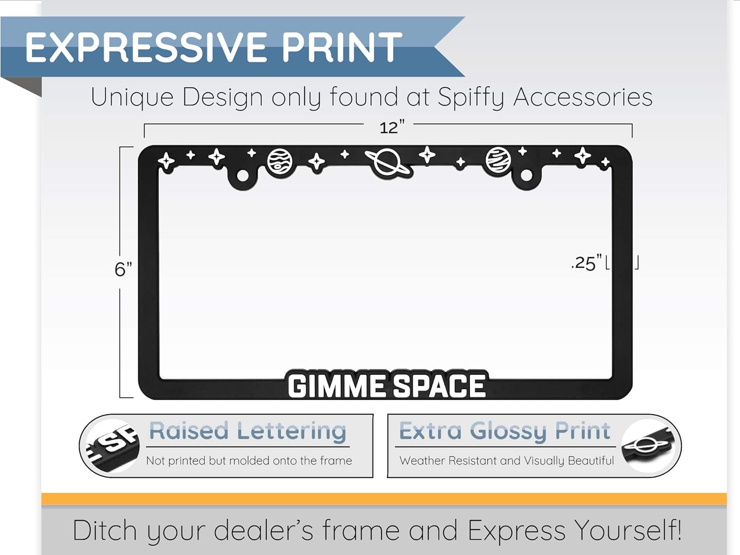 Spiffy Space License Plate Frame Holder Bracket Gimme Space with Planets and Stars for All US/CAN Vehicles | Made in The USA | Cute Star Themed Frames | Cool Raised Galaxy | Slim and Lightweight : Automotive