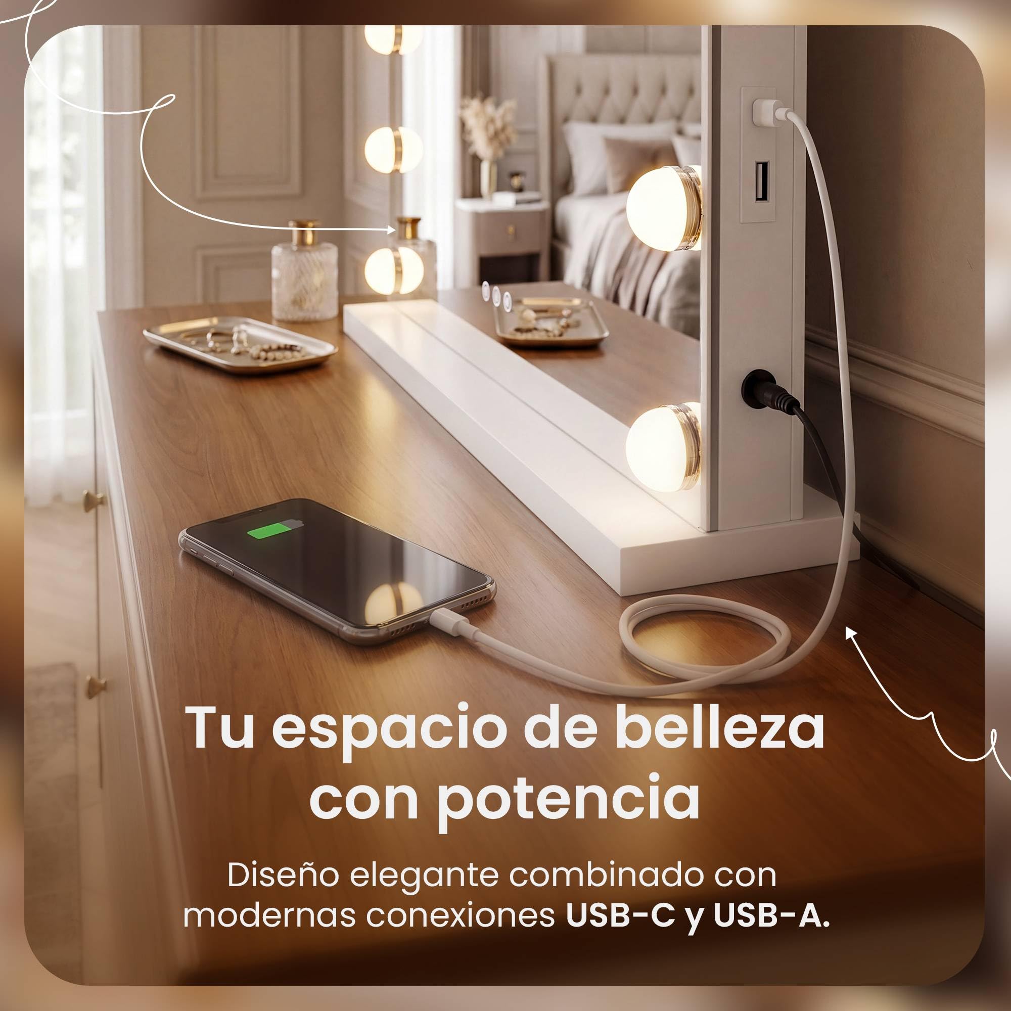 CLP Espejo de Maquillaje con Iluminación 80x60 cm Norlina, Altavoz Bluetooth, USB, Estilo Hollywood, Montaje en Pared o de Pie, Color:Blanco, Contenido del Set:con Bluetooth
