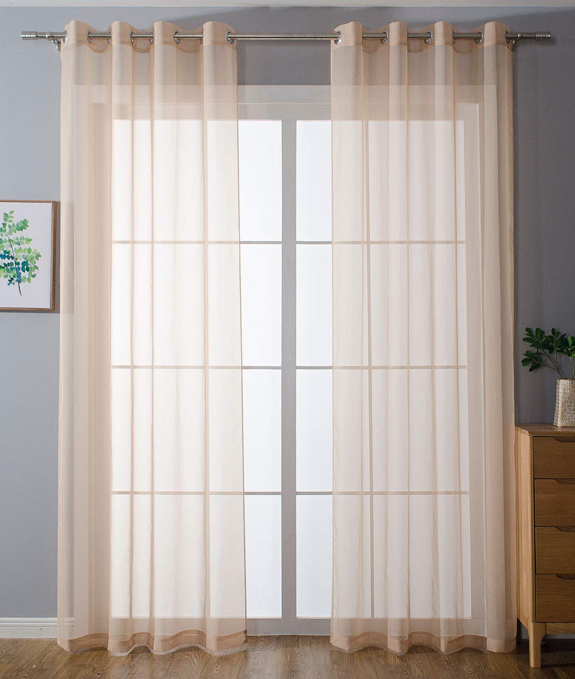 Gardinenbox Pack of 2 Eyelet Curtains Transparent Curtain Set Living Room Voile Eyelet Curtain Lead Tape Closure 100% Polyester Sand H 225 x W 140 cm