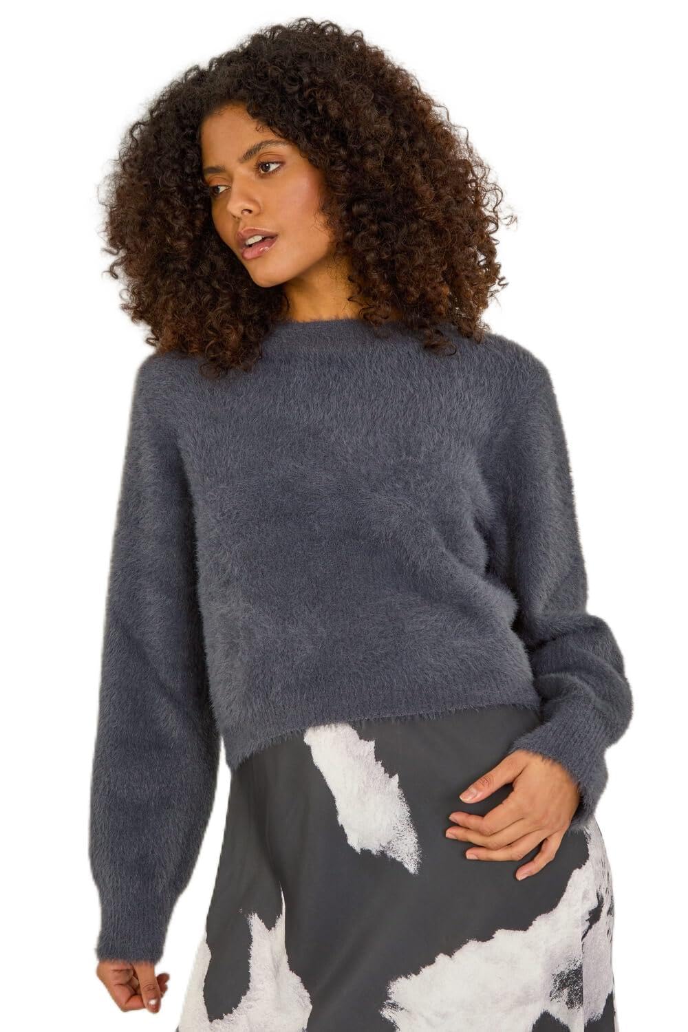 Dusk Women's Grey Fluffy Long Sleeve Knit Jumper Size 14