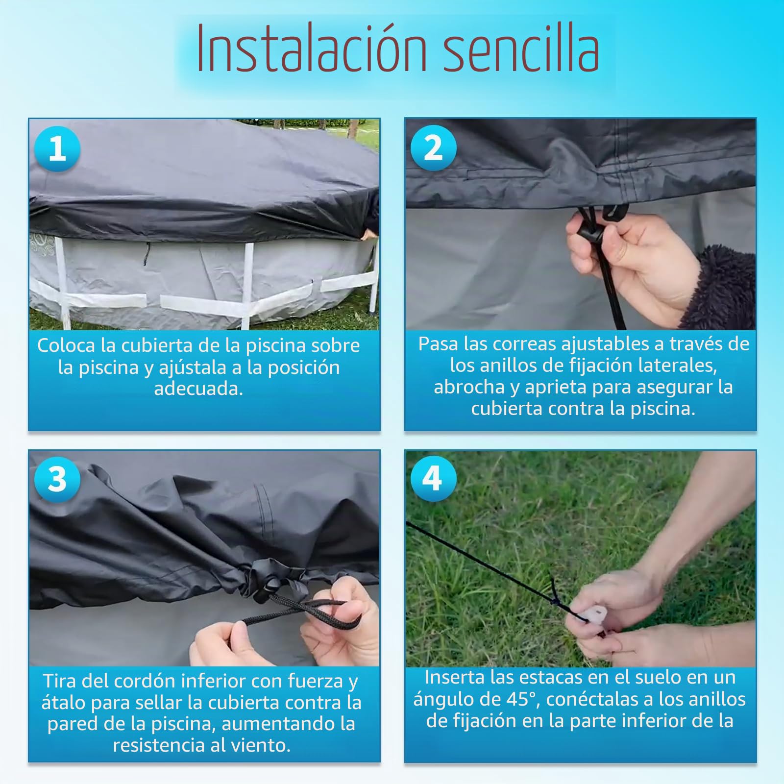 Cubierta para Piscina Redonda Ø365, para Piscinas Ø320-363 cm, Lona para Piscina con Cordón y Estacas, Oxford Lona Piscina con Protección UV, Hermética al Polvo, para Piscinas Elevadas y Trampolines