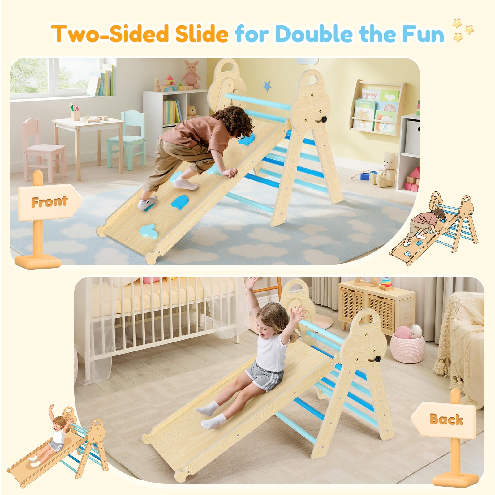 Montessori 7 en 1 estructura de escalada interior, triángulo de escalada con tobogán y arco de escalada, juguete de escalada de madera estable con alfombrilla de seguridad, parque infantil