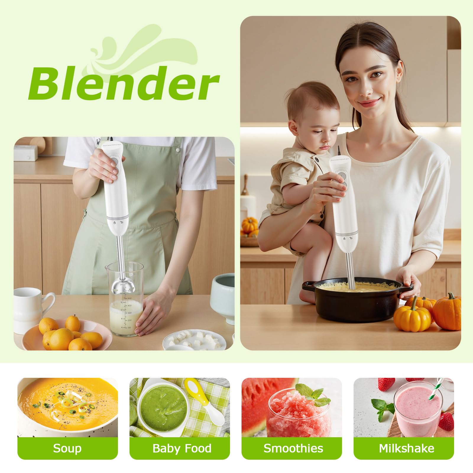 Bonsenkitchen Frullatore a mano con 2 velocità di miscelazione, 4 in 1 in acciaio inox con frusta, tazza e ciotola, bianco