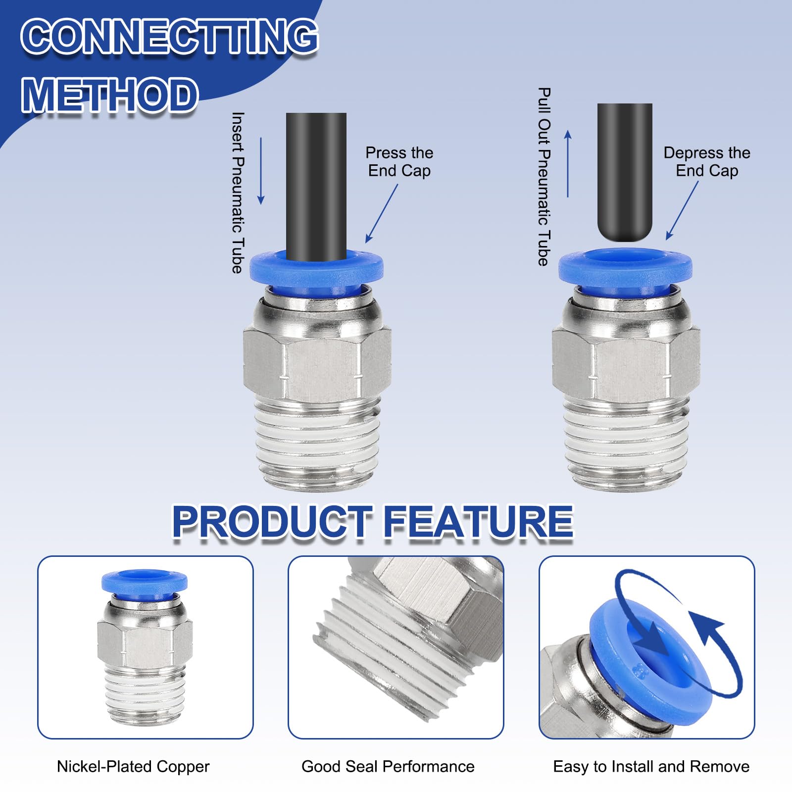 QUARKZMAN 2 Pezzi Raccordi Aria Push To Connect NPT, Maschio Dritto 8mm Diametro Esterno Tubo x Filettatura NPT 1/8" Connettore Rapido Aria Adattatore per Tubo Gas Strumenti Pneumatici, Blu