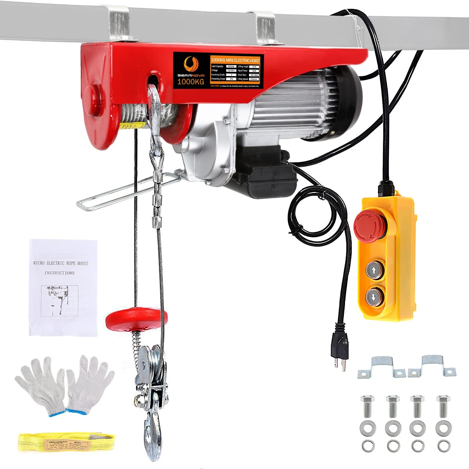 BEAMNOVAElectric Hoist 110-120v Overhead Engine Lift 110-120 Volt with Line 4.92 Ft Remote Control Switch Hook Strap Beam Mounting Bracket Gloves Pulley (2200lbs)