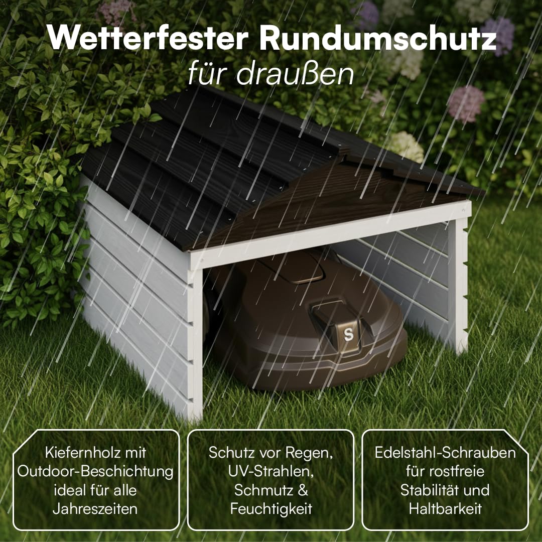 STEELSØN Nembus Mähroboter Garage Weiß – Rasenroboter Garage Holz – Rasenmäher Haus mit abnehmbarem Dach – für gängige Rasenmähroboter – Rasenmäher Unterstand mit UV-Schutz – Überdachung Mähroboter