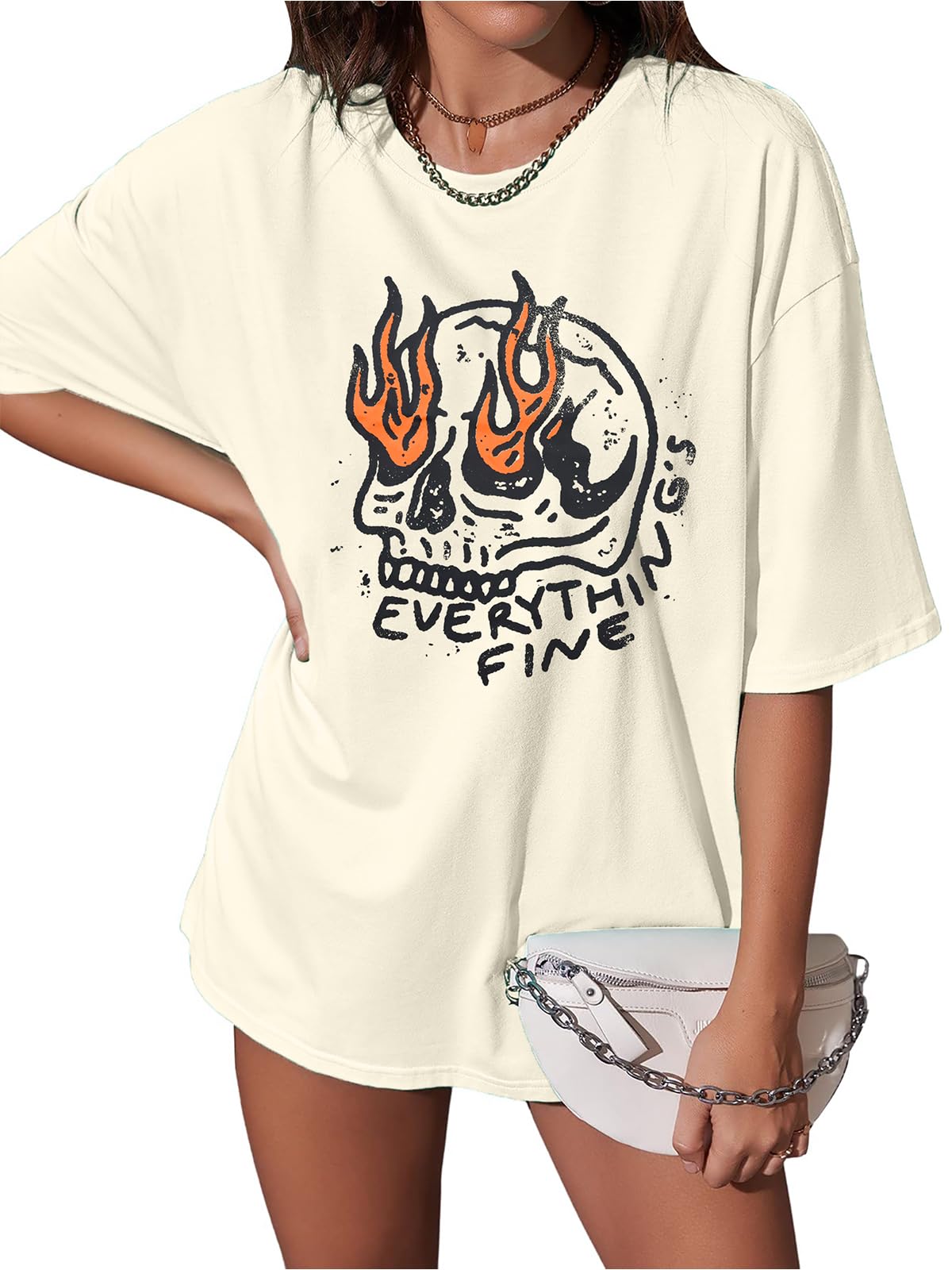 MOUSYA 'Everything is Fine' Oversized Skull Graphic Tee - Vintage Skeleton Shirt