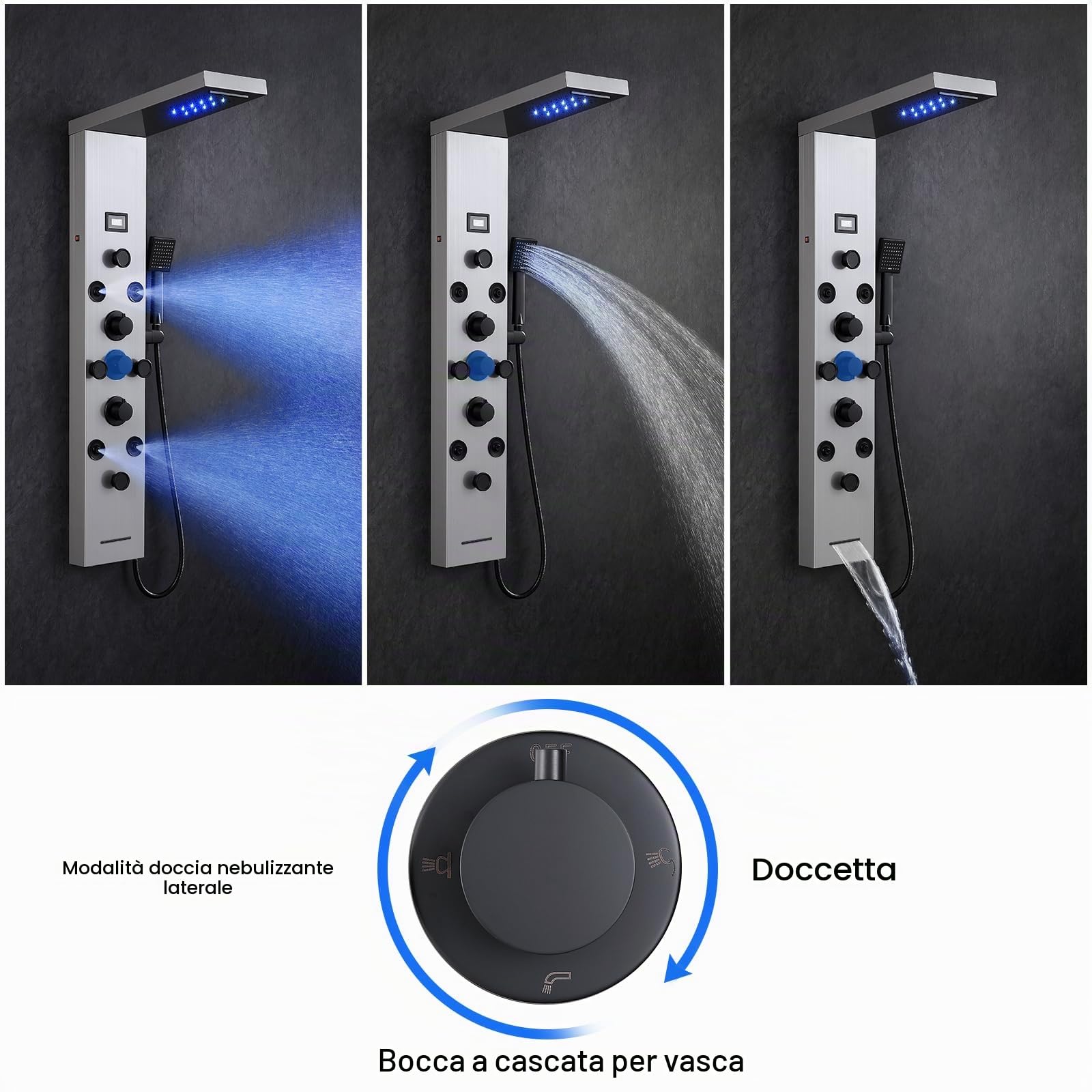6 in 1 Pannello doccia LED, set doccia con pannello in acciaio inox 304 con display LCD temperatura, cascata e doccia a pioggia, 8 ugelli massaggianti, doccetta e ingresso vasca da bagno