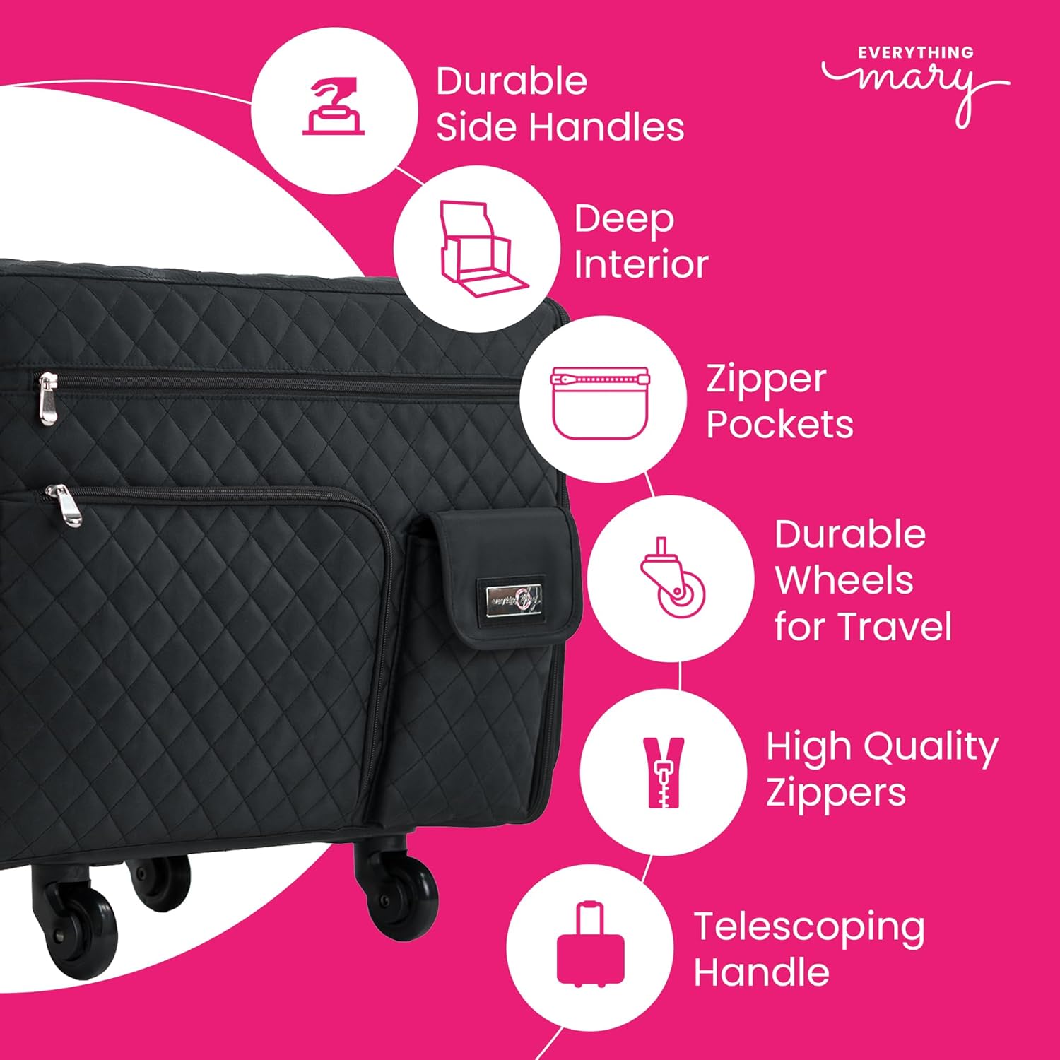 everything mary xl flat-top rolling sewing machine case – black quilted craft bag with wheels – portable storage organizer for sewing, scrapbooking & craft supplies