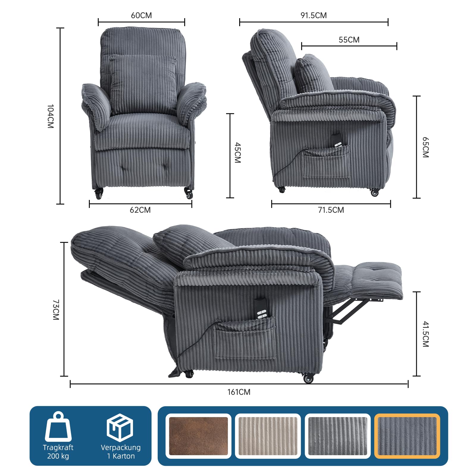 Poltrona relax elettrica con 2 motori, colore grigio scuro
