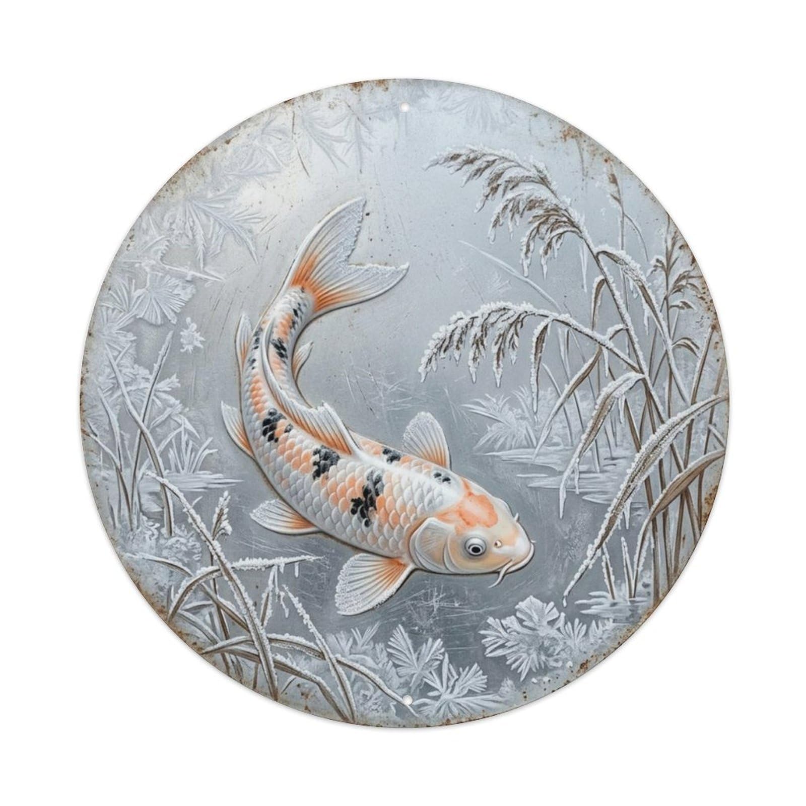 Fqcyn Style Koi Fish Silver Frost Morning Entryway Metal Tin Sign Plaque Wall Decor For Cafe, Club Bar, Office, Home Garden Round Metal Poster 8X8inch