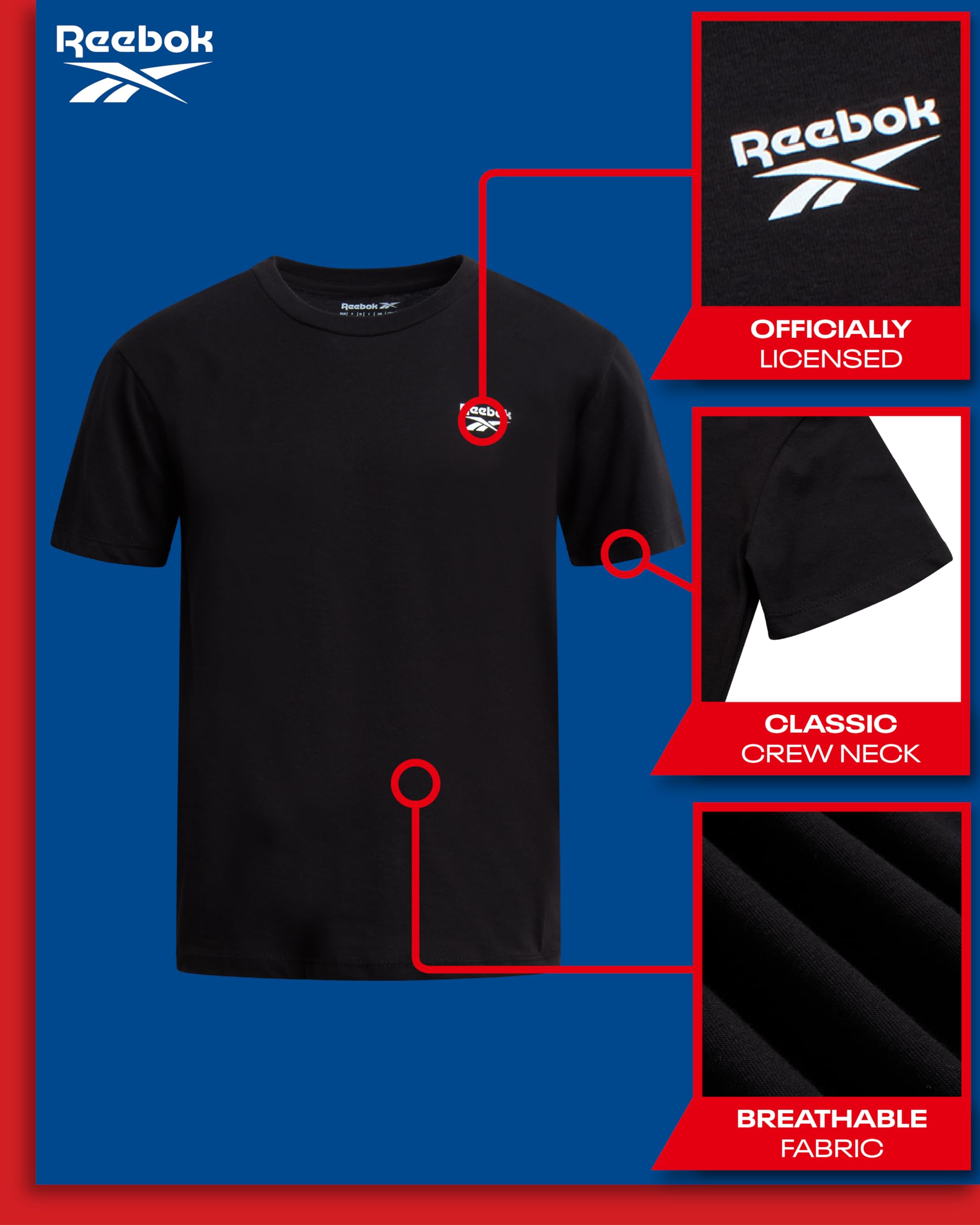 Reebok Jungen-Shirt – kurzärmeliges Baumwoll-T-Shirt für Jungen mit Logo – Sommerkleidung für Schule und Spielen (Größen 36-42)