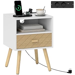 HOMCOM Mesita de Noche con Estación de Carga, Mesilla de Noche con Cajón, 2 Tomas AC, Puerto USB y Tipo-C, Compartimento Abierto, Patas de Madera, para Salón, Dormitorio, Blanco