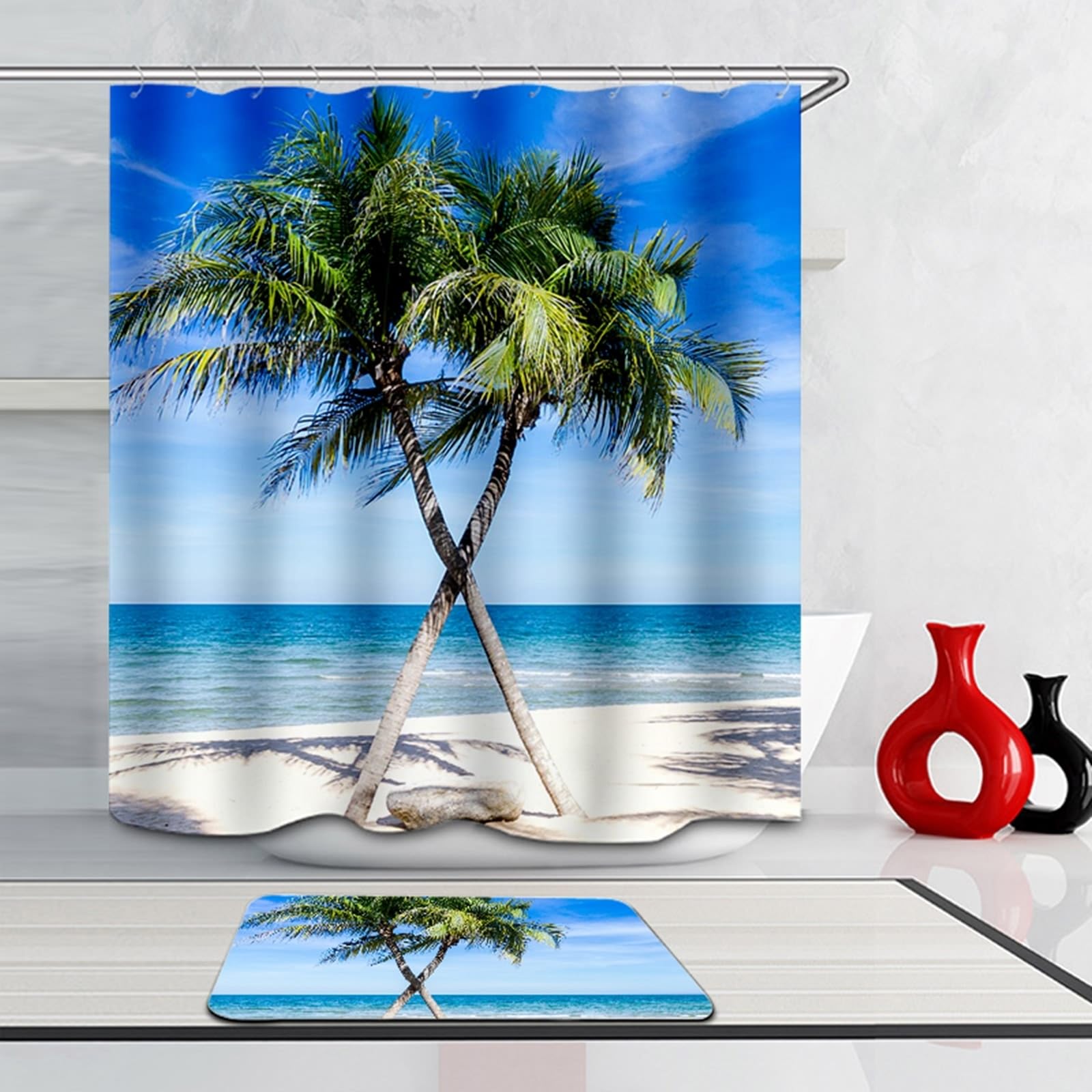 Duschvorhang Blau 165x200 cm, Kokosnussbaum Muster Badvorhang Polyester Waschbar Stoff 1,65 x 2m Lang(BxH) mit Duschvorhangringen