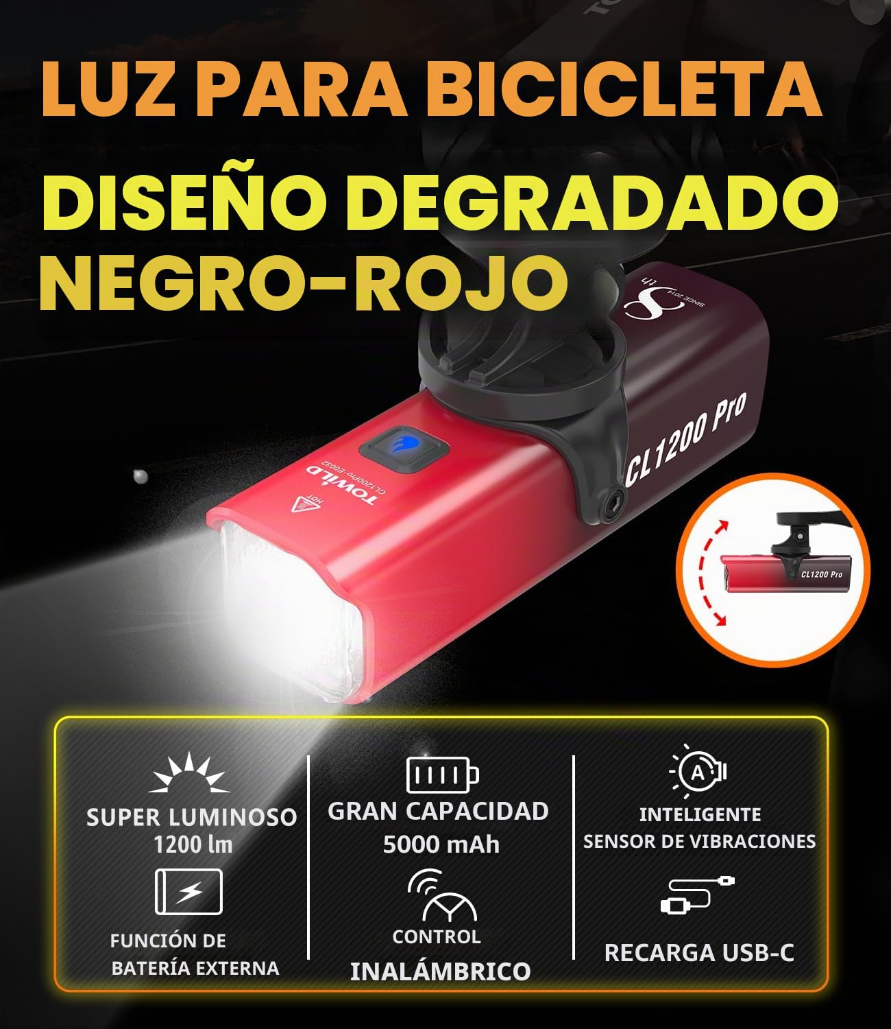 Luz Delantera Bicicleta Inteligente 1200 Lúmenes, Faros Super Brillantes con Control Remoto y Soporte para Ordenador Bicicleta 5000mAh IPX6 Recargables