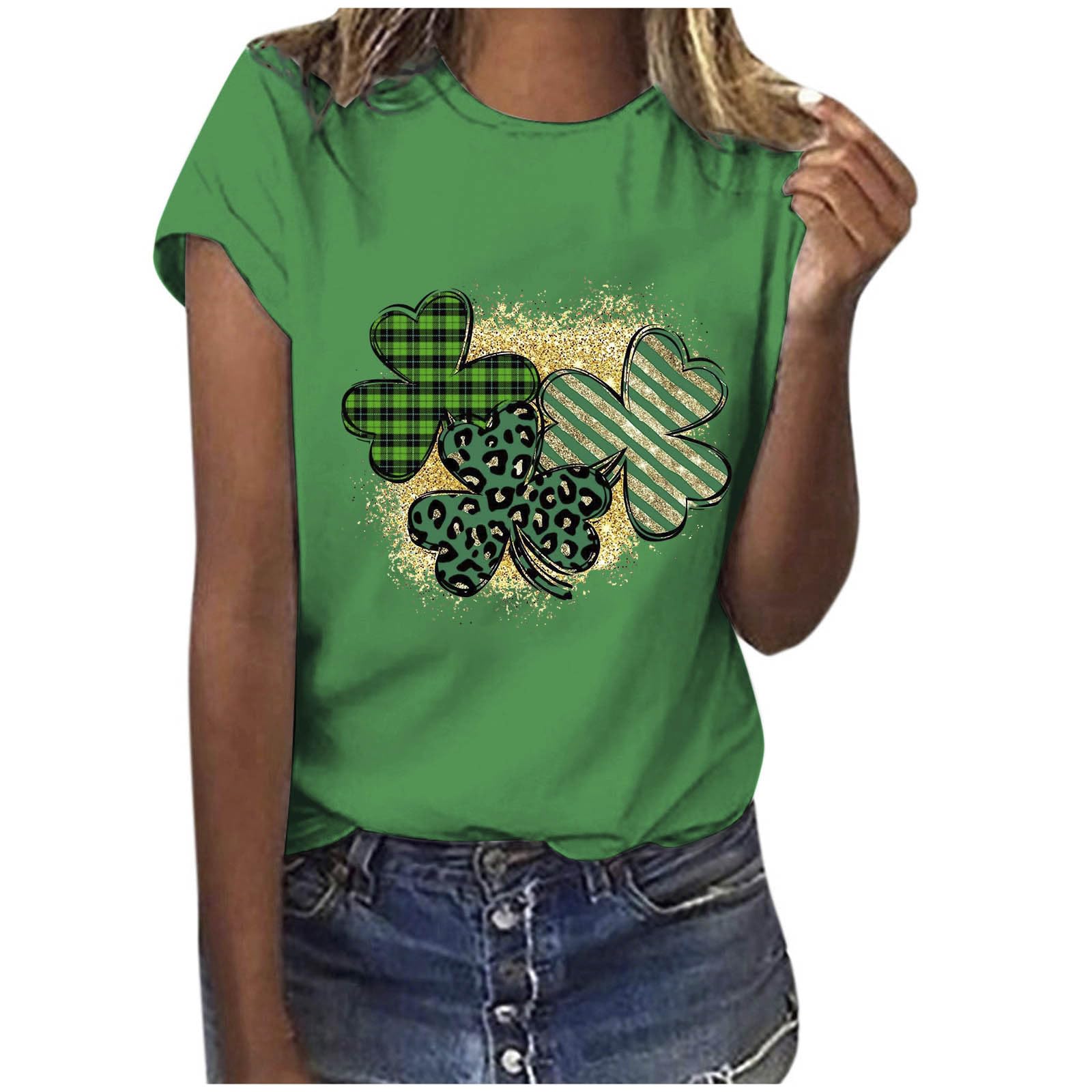 St. Patrick's Day T-Shirt for Women UK Short Sleeve Green Tunic Tops Lucky Irish Shamrock Blouse Heart Leopard Clover Printed Pullover Round Neck Saint Patricks Day Sweatshirt Ireland Clothing