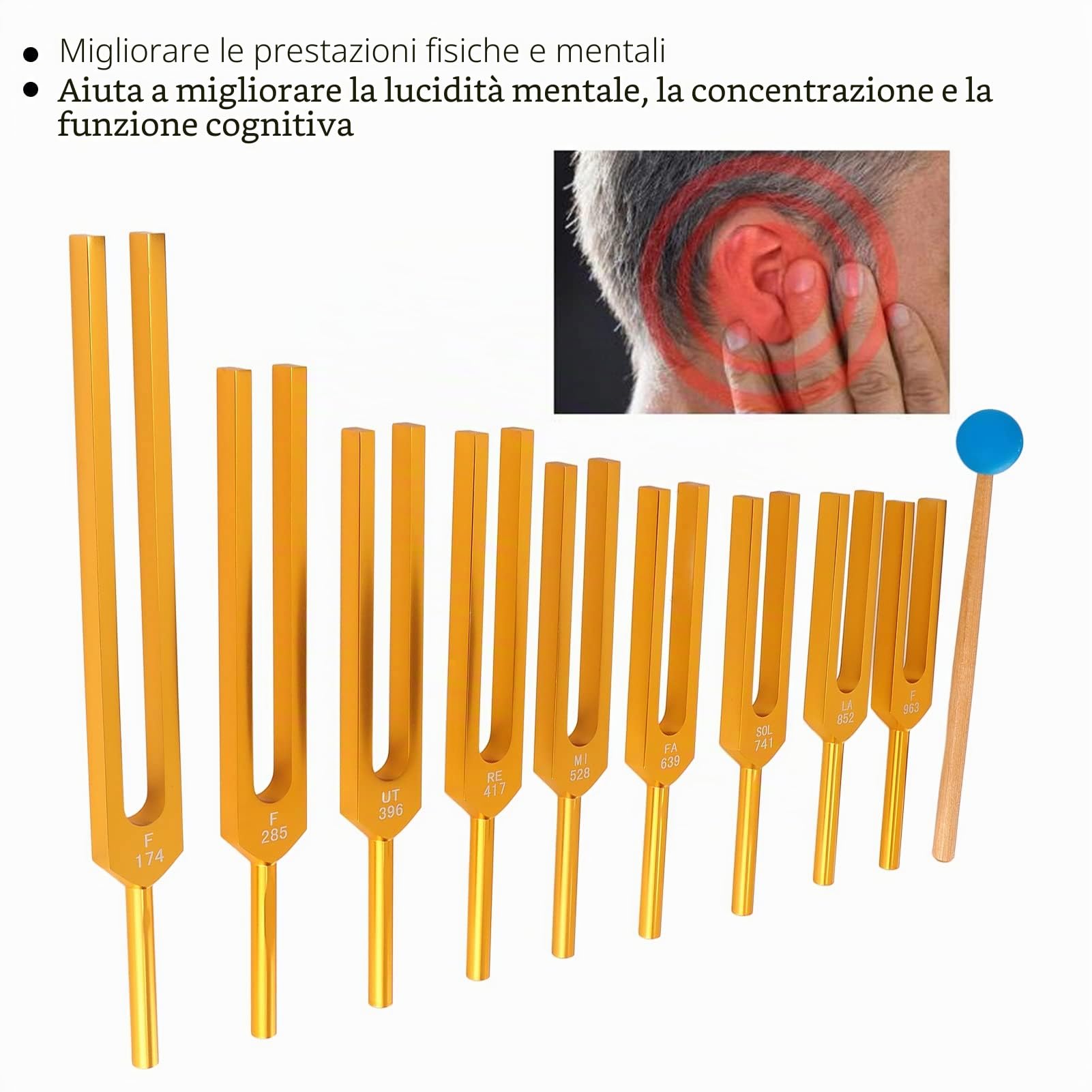 Set 9 Diapason, Diapason Risonante in Lega di Alluminio con Martello a Percussione, DNA Sonoro Guarigione 174Hz 285Hz 396Hz 417Hz 528Hz 639Hz 741Hz Fishawkg2rv06cazp1890