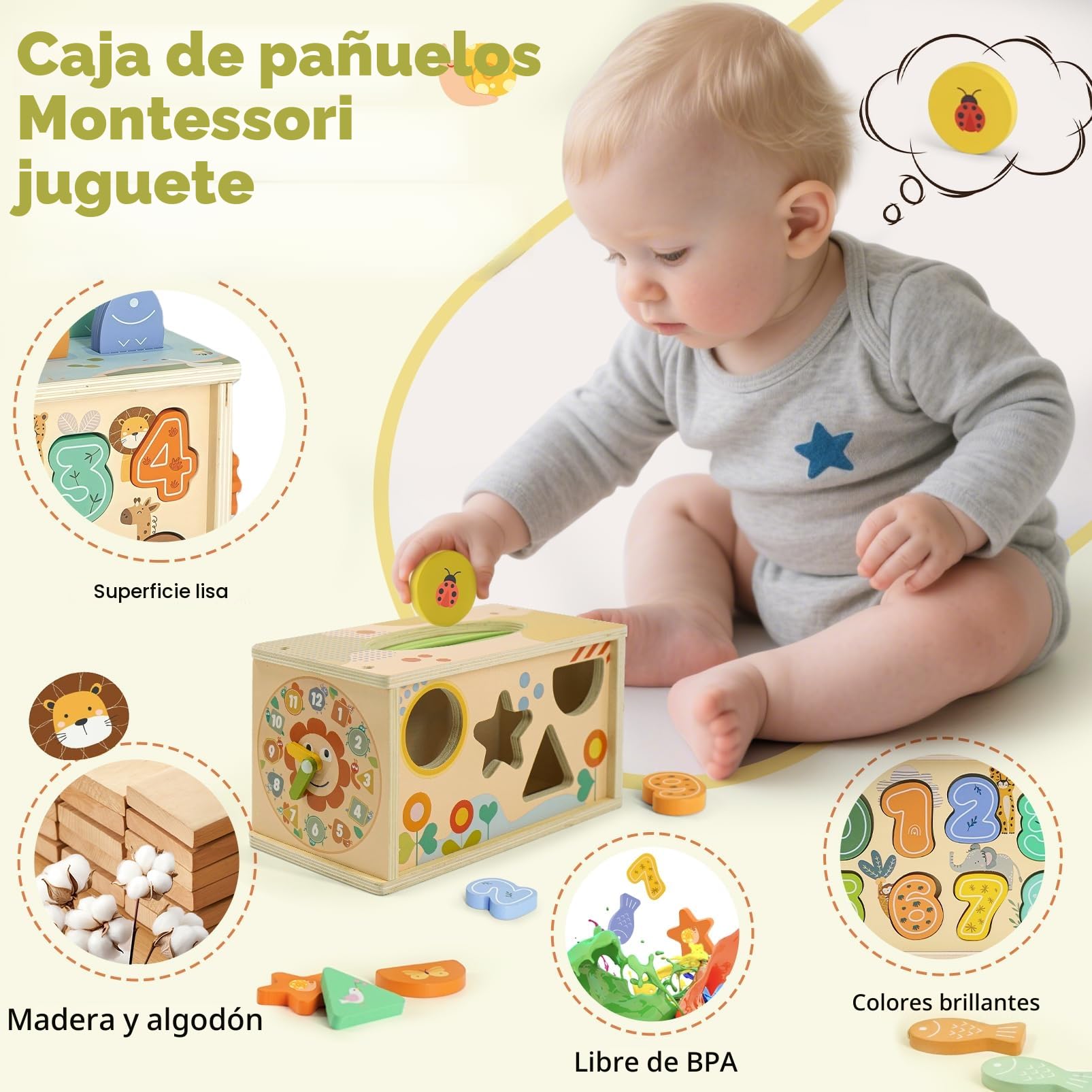 Juguetes Montessori 1 Años, 6 in 1 Montessori Madera Juguete de Caja de Pañuelos para Bebés con Juego de Pesca, Juguete Educativo para Niños de 1 2 3 Años Actividades de Motricidad Fina | Regalo Ideal