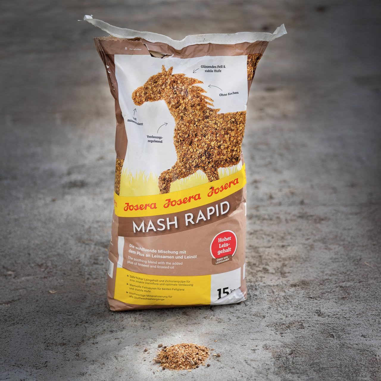 JOSERA Mash Rapide 15 kg | Aliment Premium pour cheval | Mash aux graines de lin et minéraux | Sans céréales | Pour un poil brillant et des sabots sains | Sac de 15 kg