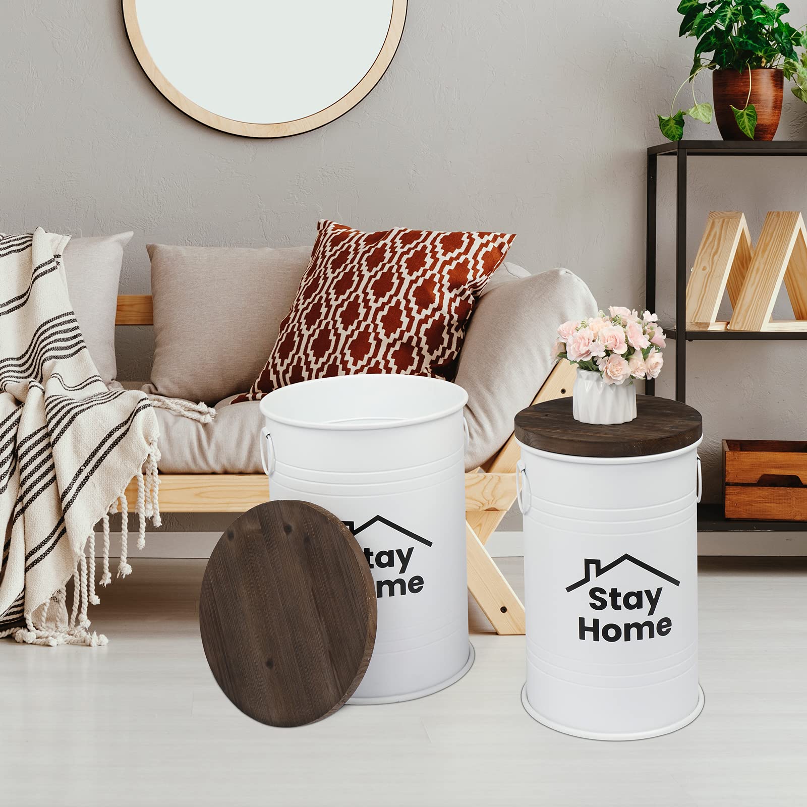 Ottoman Storage Stool, Farm Desk, Farmhouse furniture Bench Rustic End Tables, Galvanized Metal Side Table , Toy Box with Round Wooden Cover, Living Room Furniture, Two Inlays, Antique, Decor(White)