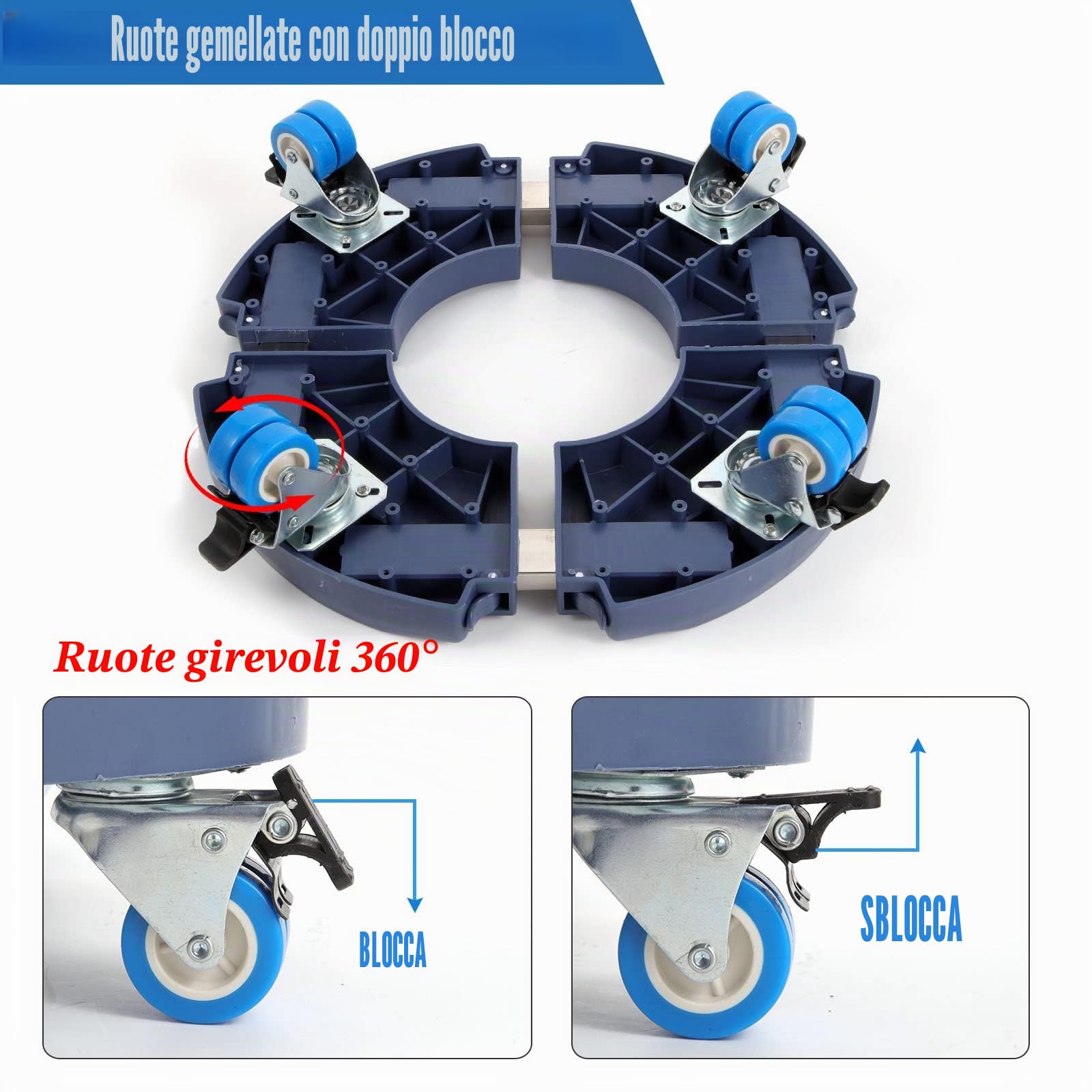 W B D WEIBIDA Portavasi di Dimensioni Regolabili Ø 40-54cm, capacità 200 kg, Sottovaso con Ruote Ruotabile a 360°, Carrello Portavasi Rotondo per Interni ed Esterni, Adatto per Fioriera, 2 pacchi, Blu