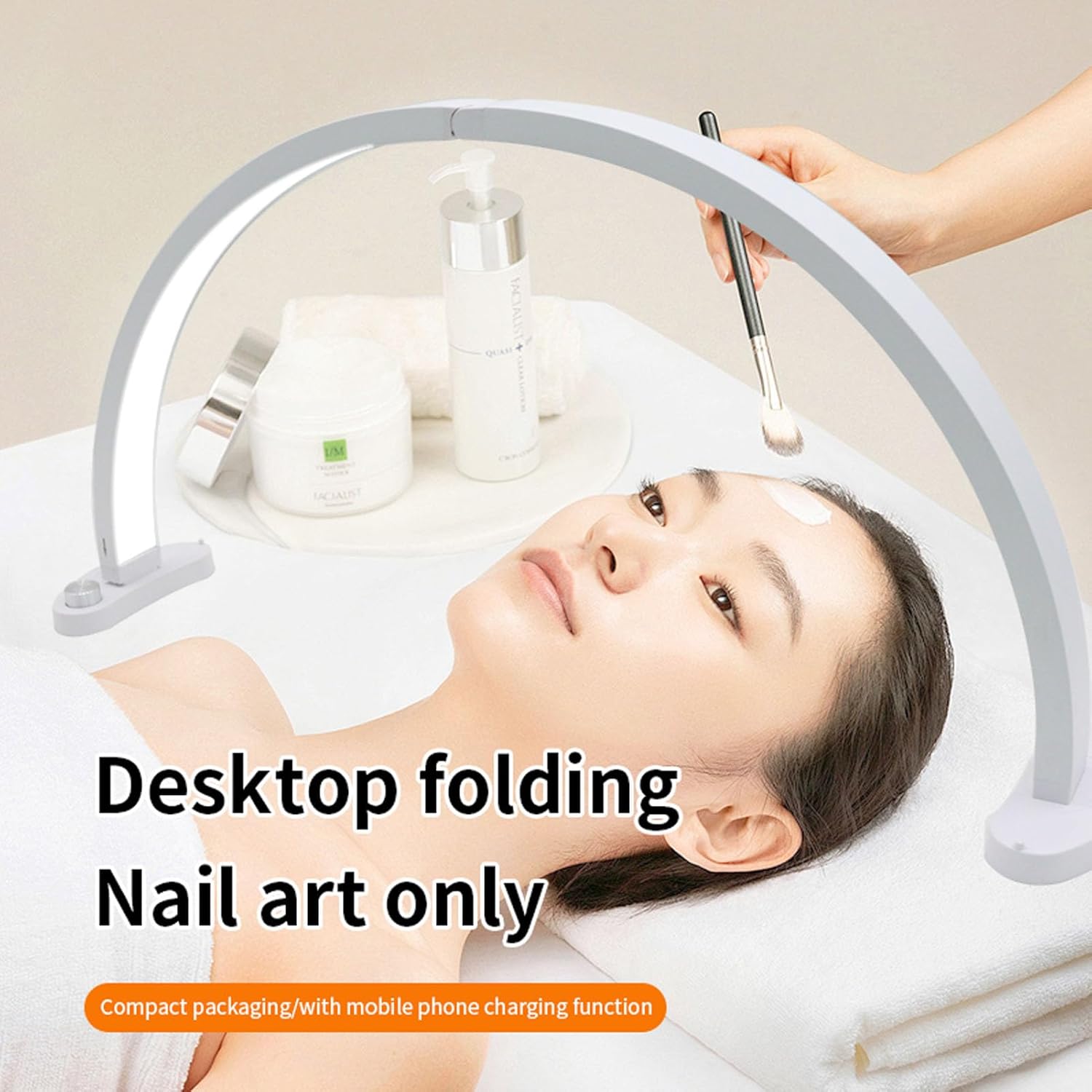 Dpofirs Half Moon Desk Lamp, 28 Inch Nail Art Table Lamp with Adjustable Brightness and Color Temp, Built in Phone Holder for Nail Tech Eyelash Extension Live Streaming (US Plug)