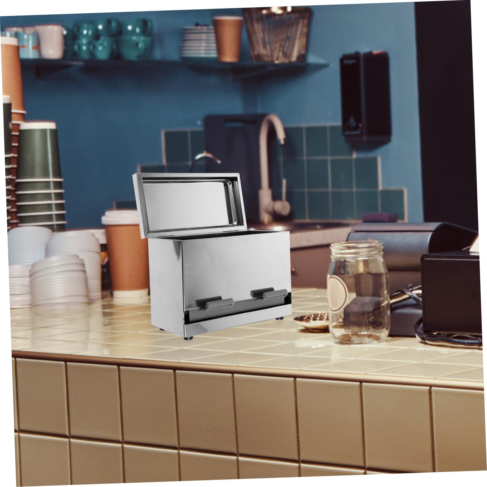 Ciieeo Multifunktionaler Edelstahl Strohhalmhalter und Essstäbchenhalter mit Deckel Automatische Druckfunktion Große Kapazität für Zuhause und Restaurant