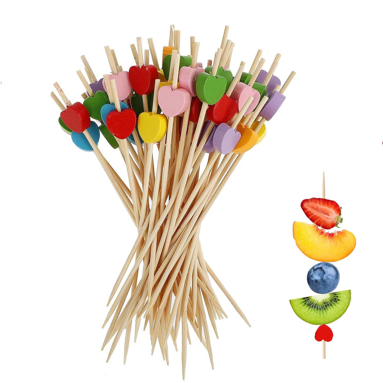 Shirene Cocktail Sticks,100 PCS Bamboo Coctail Picks,Multicolors Hearts Skewers Cocktail Accessories for Drinks Fruit Finger Food Picks Wooden Toothpicks for Party Decoration,Buffets,Kebabs,Burgers