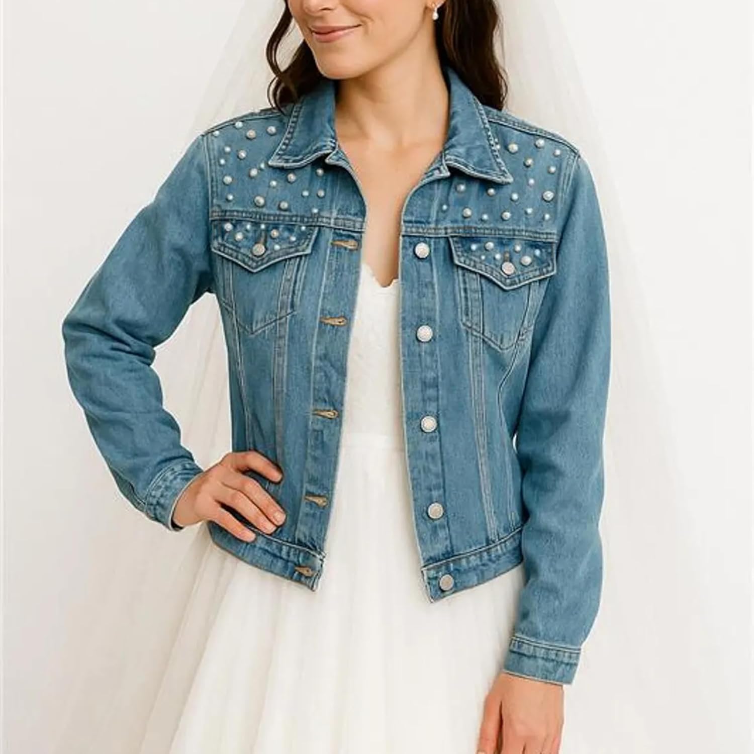 Personalized Embroidered Bride Denim Jacket, Custom Pearl Jean Jacket, Blue Cotton, Wedding Gift - Image 6