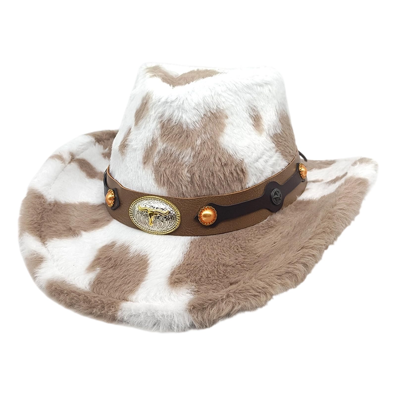 MICFENY Winter Plush Panama Hats with Cow Pattern Designs for Women Men Unisex Cold Weather Wide Brims Western Cap Party Props